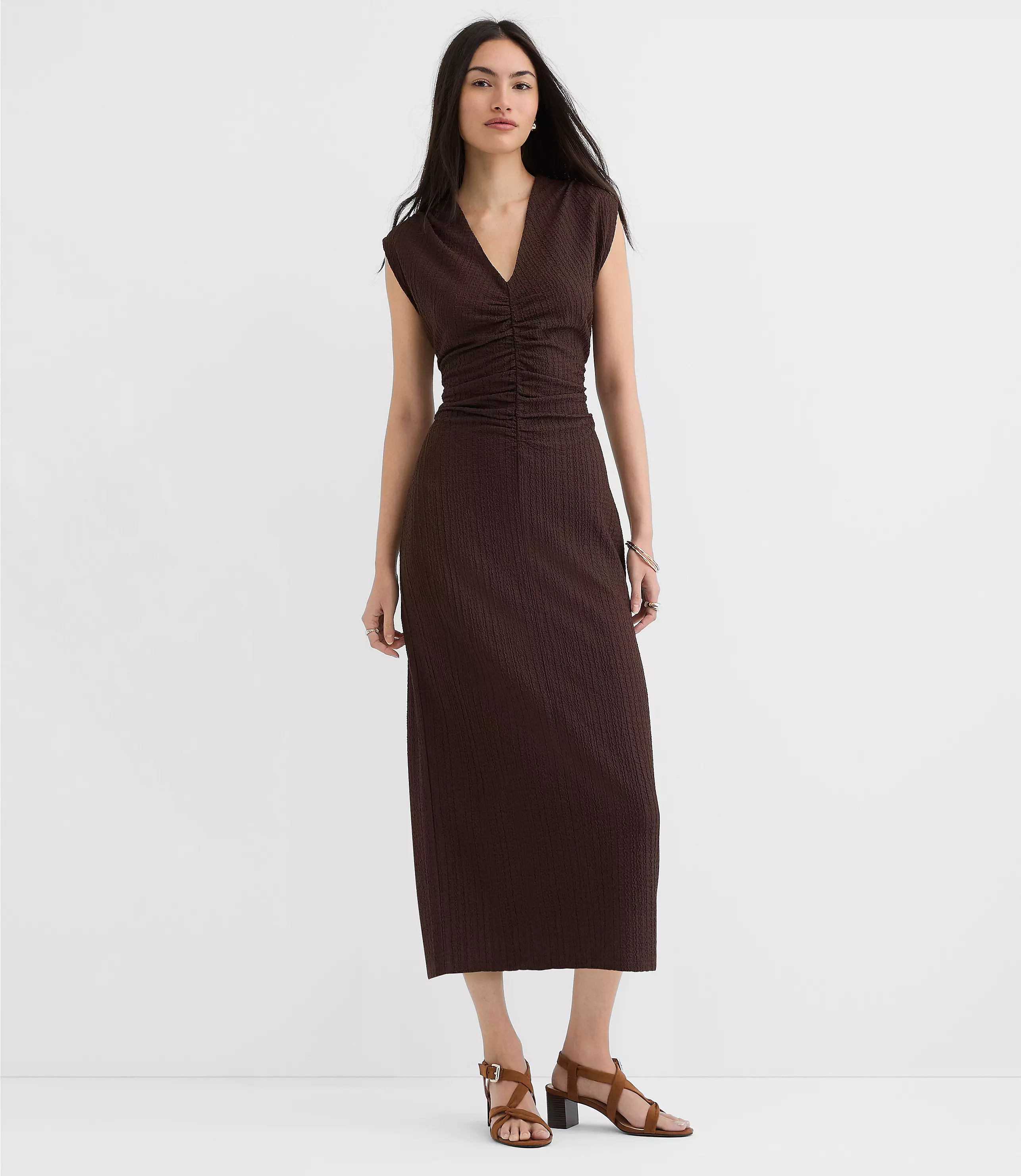Petite Textured Ruched V-Neck Midi Dress | LOFT