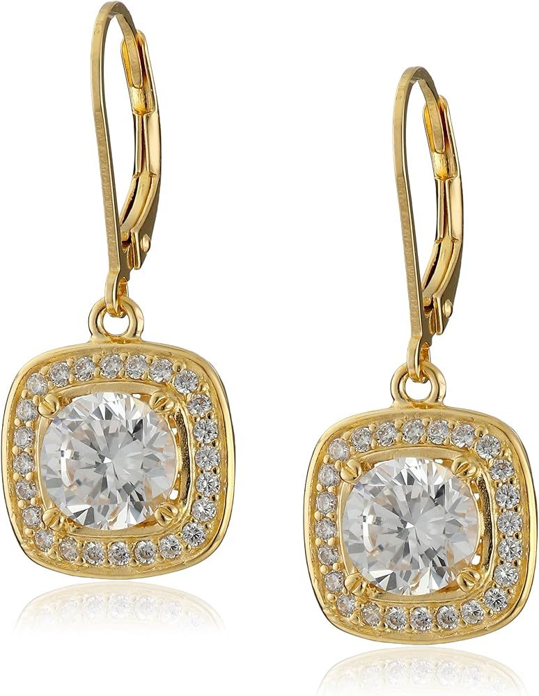 Amazon Collection Sterling Silver or Gold Plated Cubic Zirconia Halo Set Lever-Back Drop Earrings | Amazon (US)