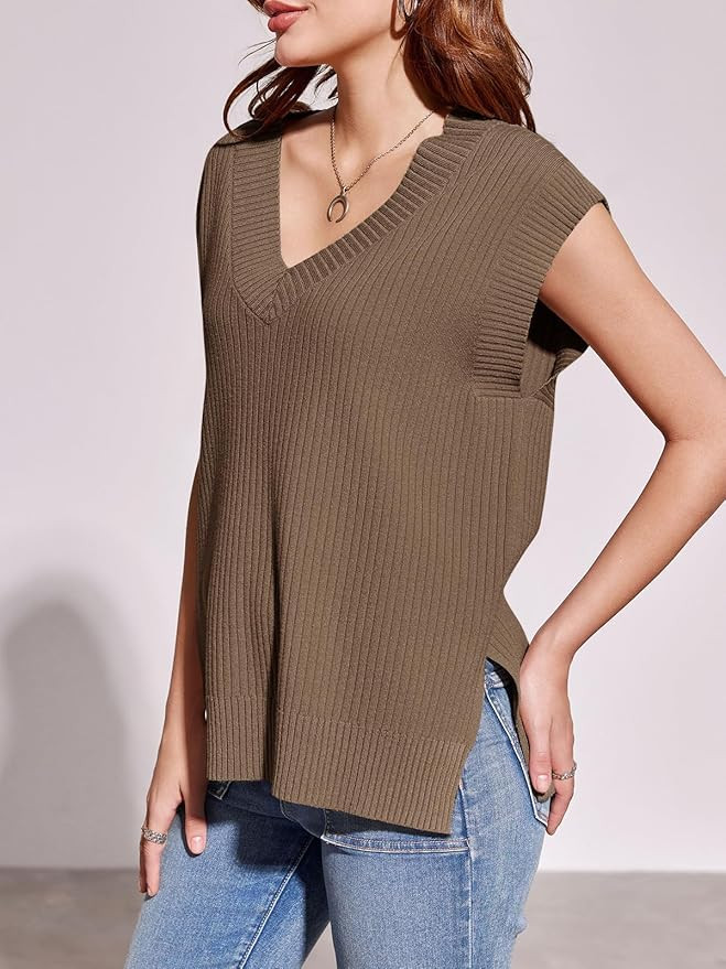 Saodimallsu Womens V Neck Sweater Vest Oversized Ribbed Knit Sleeveless Casual Loose Fit Pullover... | Amazon (US)