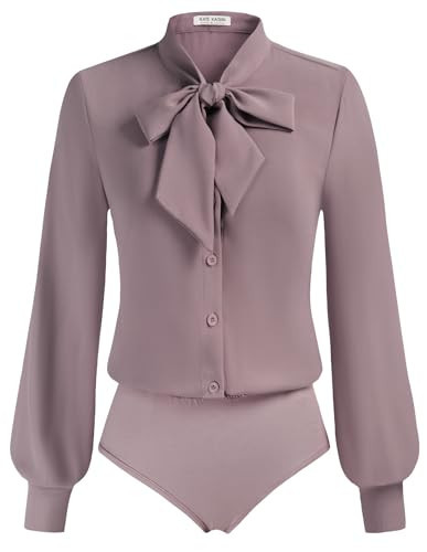Business Casual Top Bow Tie Shirt Long Sleeve Blouse Bodysuit Dressy Purple | Amazon (US)