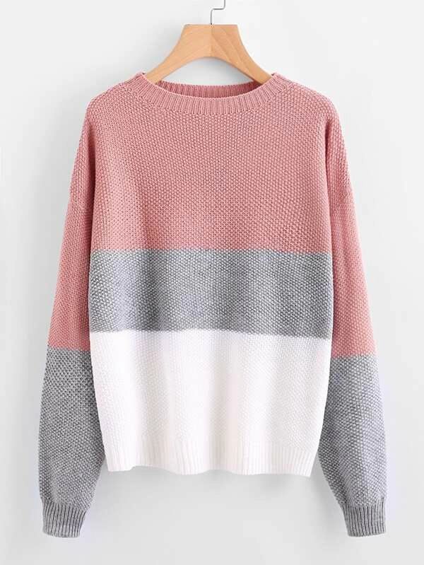 SHEIN Drop Shoulder Color Block Textured Sweater | SHEIN
