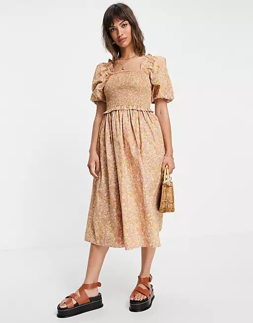 Y.A.S organic cotton puff sleeve midi dress in beige floral | ASOS (Global)