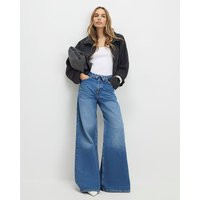 River Island Womens Blue Turned Down Waist Wide Leg Jeans | River Island UK & IE