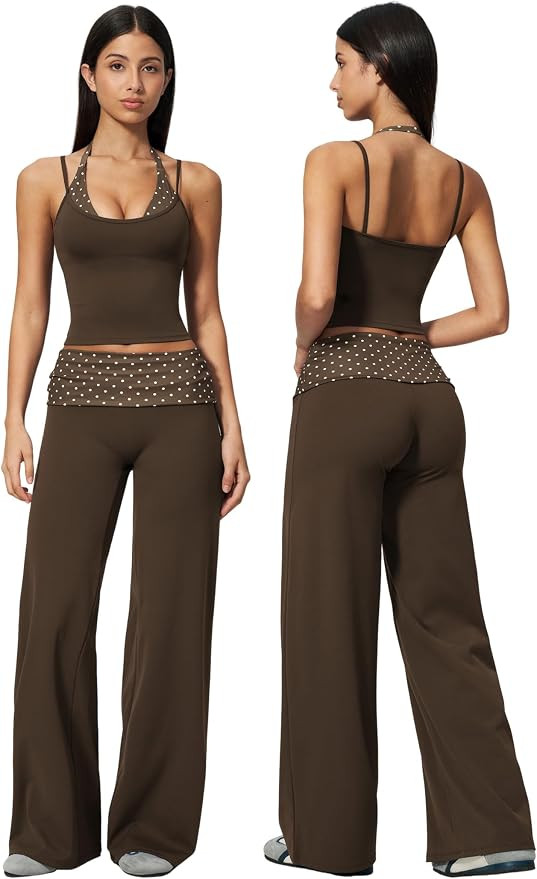 Women Two Piece Workout Set Striped Halter Tank Tops and High Waist Wide Leg Yoga Pants Pilates O... | Amazon (US)