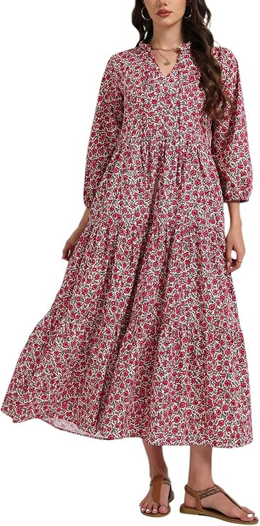 D-Sun Women Floral Boho Maxi Dress 3/4 Sleeves Tiered Dress with Pocekts | Amazon (US)