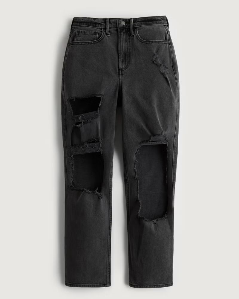 Girls Curvy Ultra High-Rise Ripped Black Vintage Straight Jeans | Girls Bottoms | HollisterCo.com | Hollister (US)