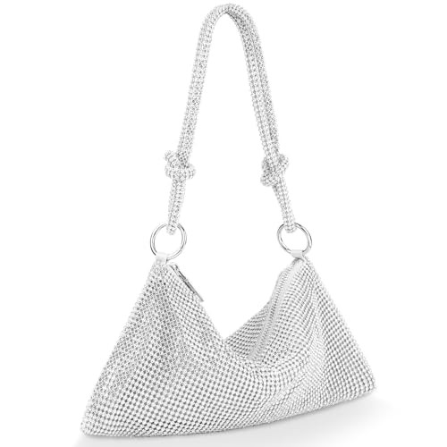 OSDUE Rhinestone Purse for Women Evening Bag, Rhinestone Hobo Bag, Sparkly Mini Handbag, Silver Diamond Purses, Bling Rhinestones Evening Bag Shiny Silver Clutch Purse for Wedding, Party, Club | Amazon (US)