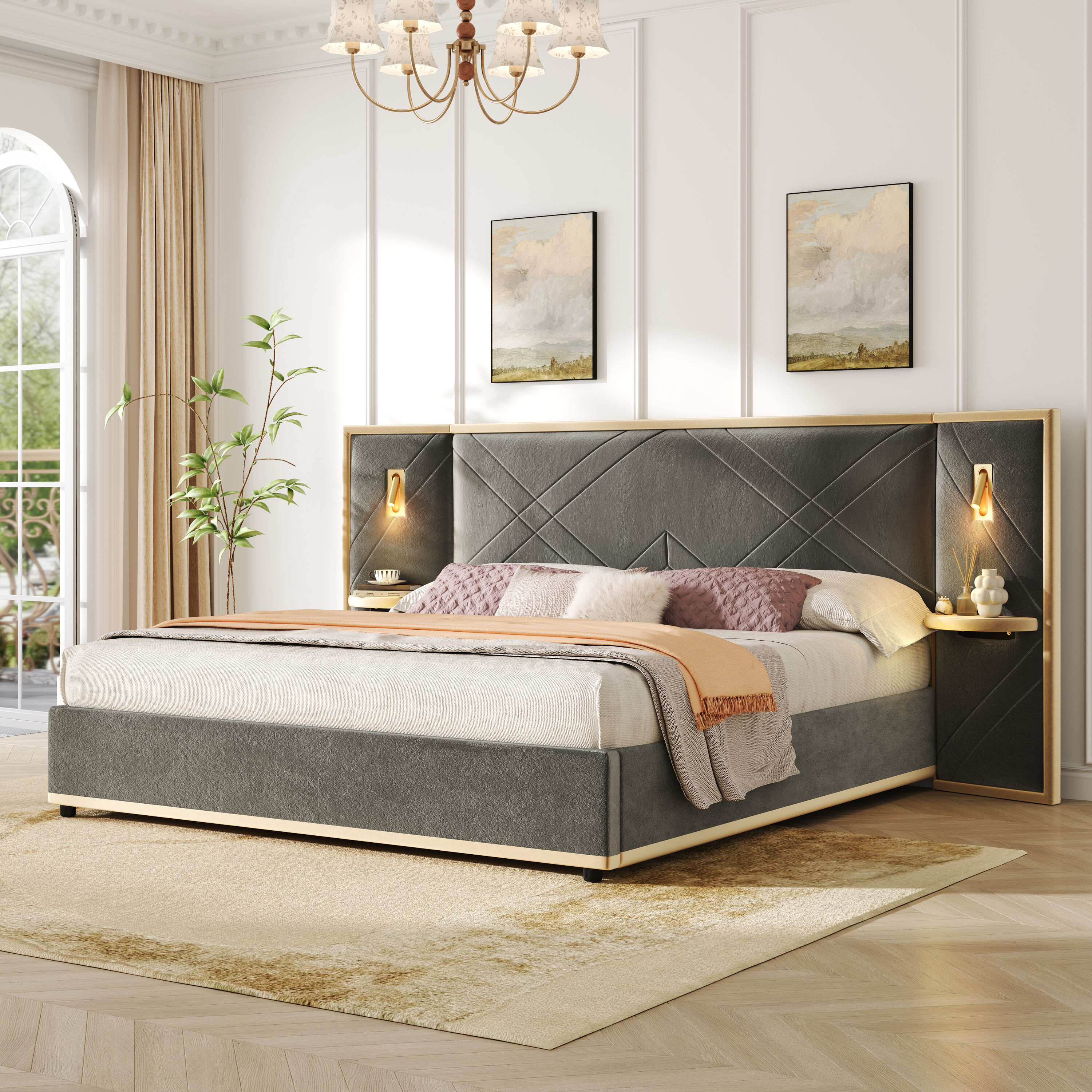 Christopher Knight Home Kryden Modern Velvet Upholstered Queen Platform Bed Frame with Wingback Headboard 2 Built-in LED Lights and 2 Storage Side | Lowe's