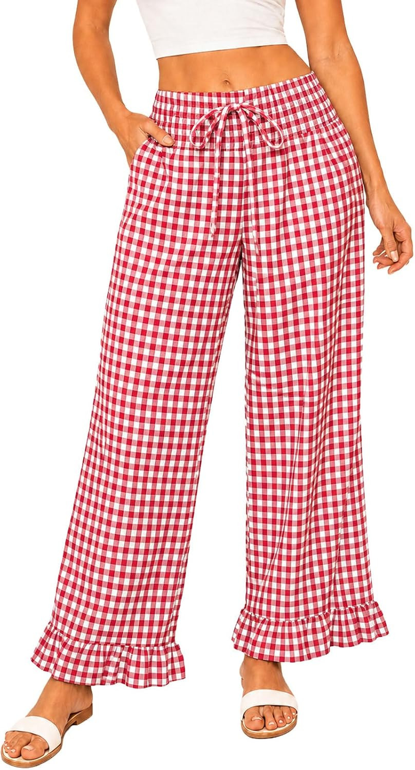 Women's Plaid Pants Rayon Lounge Pants Wide Smocked Waist Casual Fit | Amazon (US)