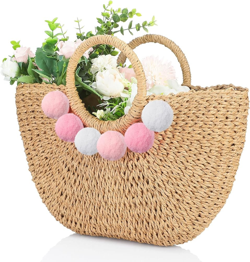 Pinkunn Bride Beach Bag Handwoven Straw Rhinestone Pearl Letters Handle Purse Bachelorette Weddin... | Amazon (US)