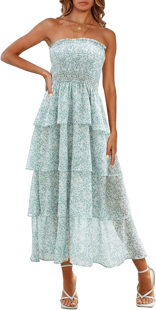 YORGOS Women's Summer Strapless Floral Ruffles Tiered Maxi Dress Smocked Boho Chiffon Long Dress | Amazon (US)