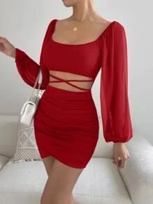 Crisscross Cut Out Lantern Sleeve Ruched Bodycon Dress SKU: sw2210207318133327(500+ Reviews)$16.4... | SHEIN