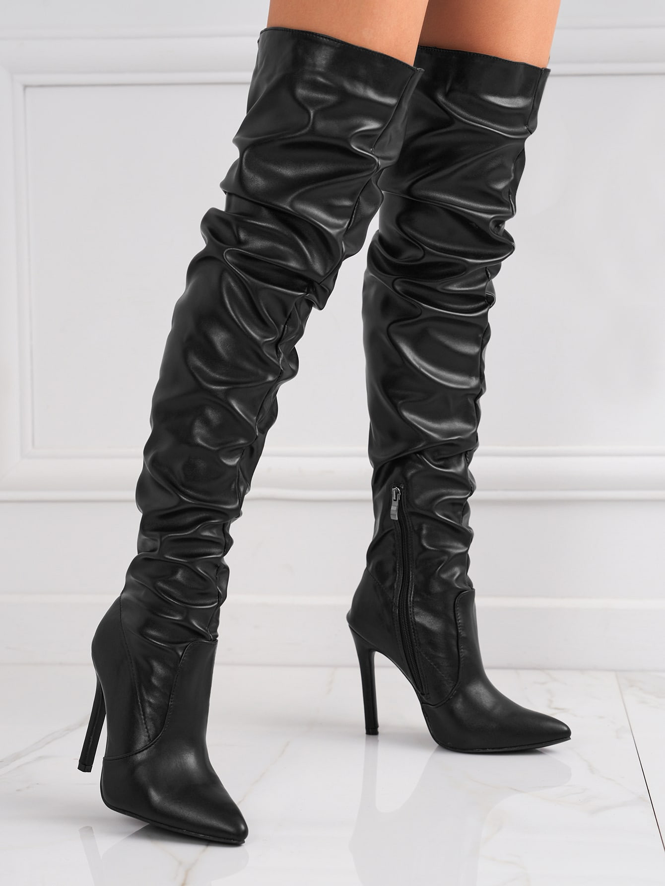 Zipper Side Point Toe Stiletto Heeled Slouchy Boots, Women's High Heeled Black Solid Color Ruffle... | SHEIN
