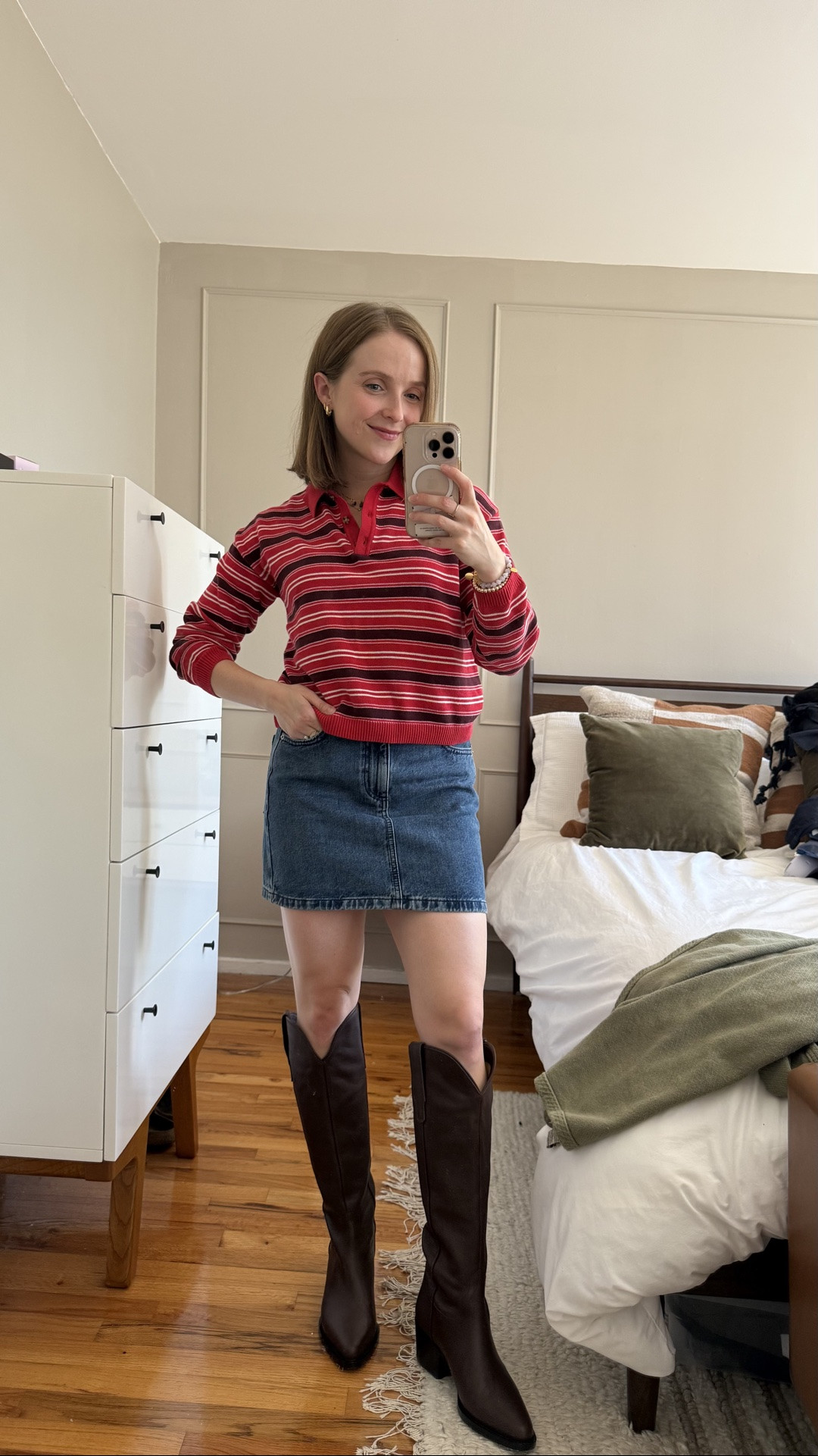 100% cotton polo/ rugby sweater form Gap 
Wearing xs petite 
Xs denim skirt 
Italian leather knee high boot 10k step tested

#LTKootd #LTKSaleAlert #LTKPetite