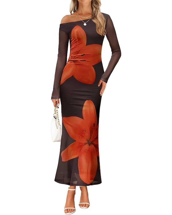 ZESICA Women's Long Sleeve Floral Maxi Dress 2025 Fall Off Shoulder Bodycon Ruched Mesh Cocktail ... | Amazon (US)