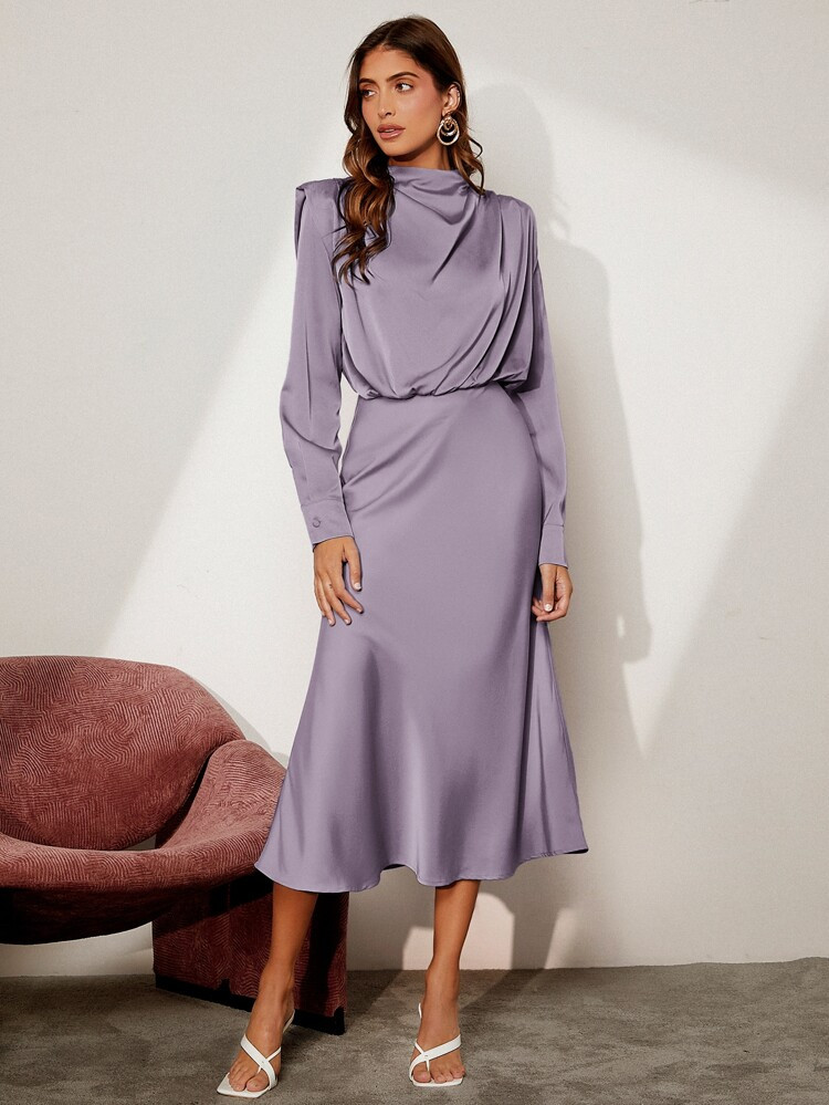SHEIN BIZwear Solid Shoulder Pad Satin Dress | SHEIN