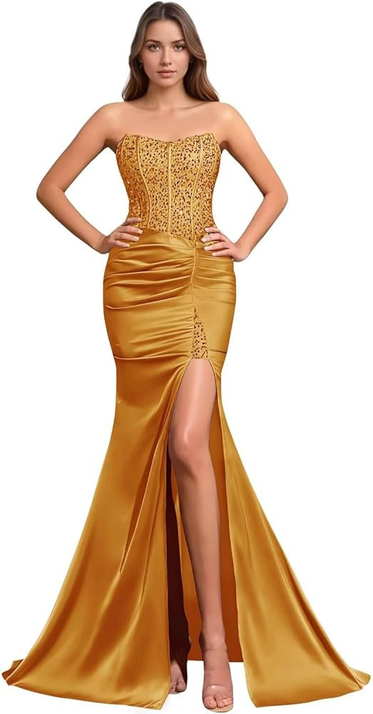 yinyyinhs Strapless Prom Dresses for Women 2025 Mermaid Satin Formal Dress Long Sparkly Sequin Ev... | Amazon (US)