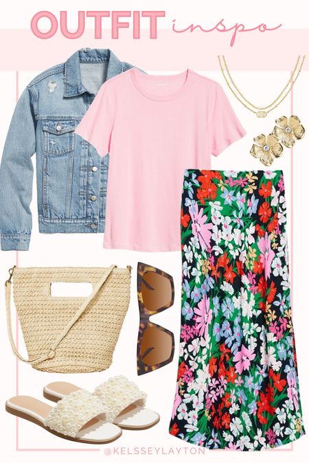 Outfit idea, spring style, floral skirt, midi dress, jean jacket, old navy, Pearl sandals 

#LTKSeasonal #LTKfindsunder50 #LTKsalealert