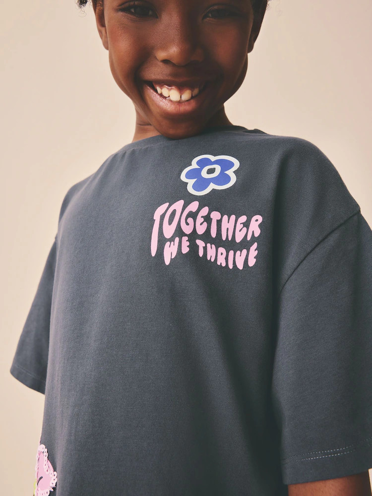 Charcoal Grey Floral Oversized Graphic Sequin T-Shirt (3-16yrs) | Next US
