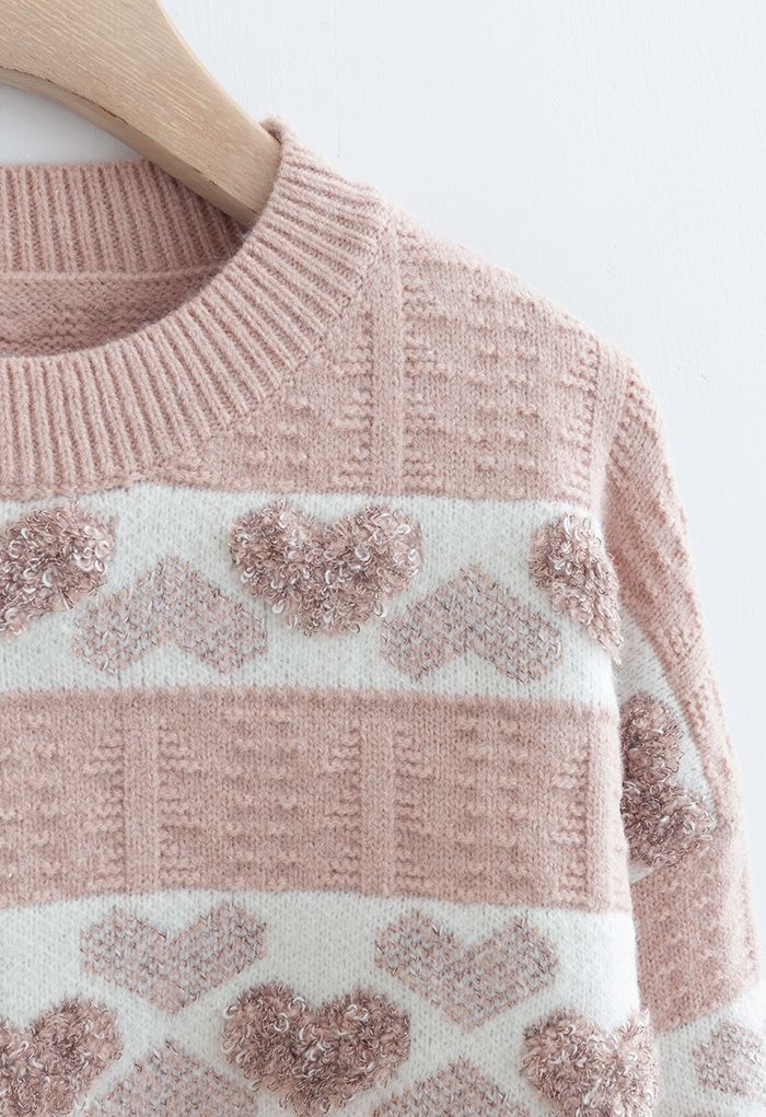 Fuzzy Heart Jacquard Knit Sweater in Pink | Chicwish