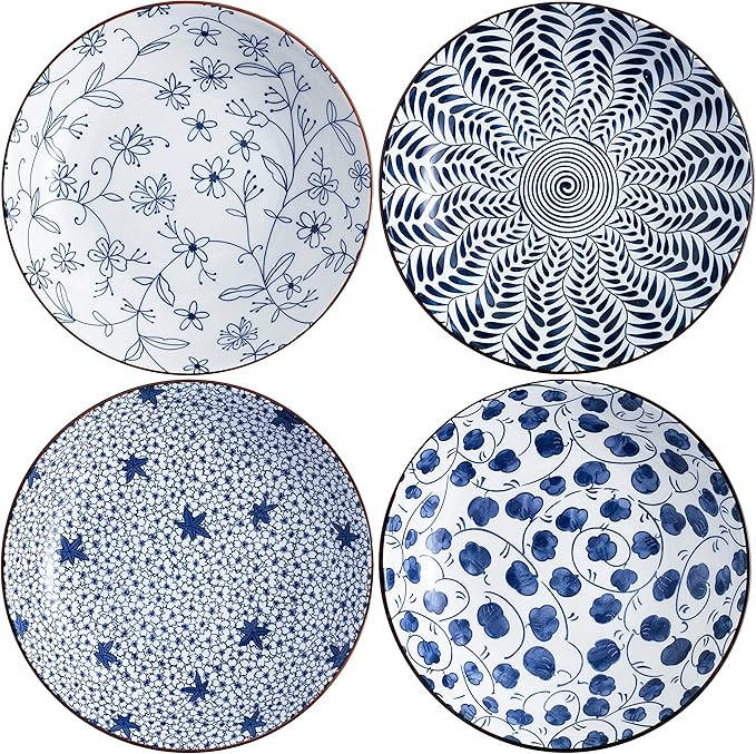 Swuut Ceramic Pasta Bowls Set,Blue and White 8 inch Salad Bowl Floral Dinner Shallow Plates Set o... | Amazon (US)