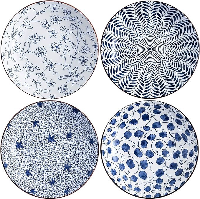 Swuut Ceramic Pasta Bowls Set,Blue and White 8 inch Salad Bowl Floral Dinner Shallow Plates Set o... | Amazon (US)