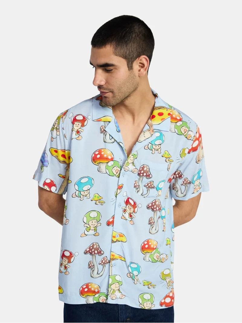 Nintendo Men's and Big Men's Mushroom Kingdom Graphic Button Up Shirt, Sizes XS-5XL | Walmart (US)