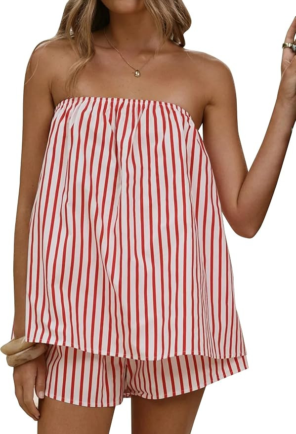 calbatic Women Striped Two Piece Shorts Set Strapless Tube Top Lounge Sets Summer Vacation Resort... | Amazon (US)