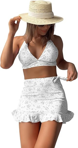 Floerns Women's 3 Piece Bathing Suit High Cut Bikini Sets Swimsuit with Cover Up Skirt | Amazon (US)