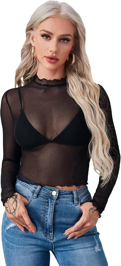 Floerns Women's Long Sleeve See Though Sheer Mesh Crop Tee Tops | Amazon (US)