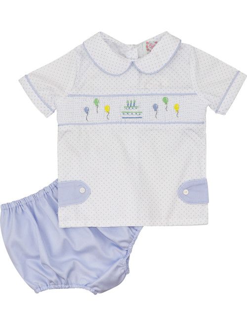 Blue Dot Pique Smocked Birthday Diaper Set | Cecil and Lou