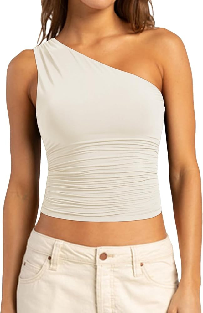 SUUKSESS Women Double Lined Going Out Trendy Crop Tops Ruched Sleeveless Shirts | Amazon (US)