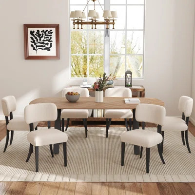 Mid-Century Modern Dining Set 71in Pedestal Dining Set With Wood Grain Pedestal Table And Upholstered Rubberwood Chairs | Wayfair North America