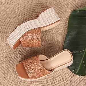 Amazon.com | EQAUDES Platform Sandals Wedge Sandals Espadrille Sandals for Women Brown Slip on We... | Amazon (US)