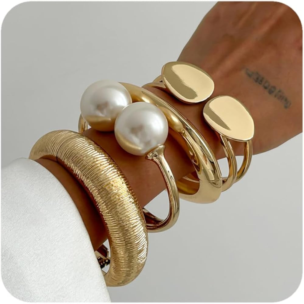 Boho Gold-Tone Cuff Bangle Bracelet Set for Women - Chunky Waterdrop Irregular Wide Stackable Min... | Amazon (US)