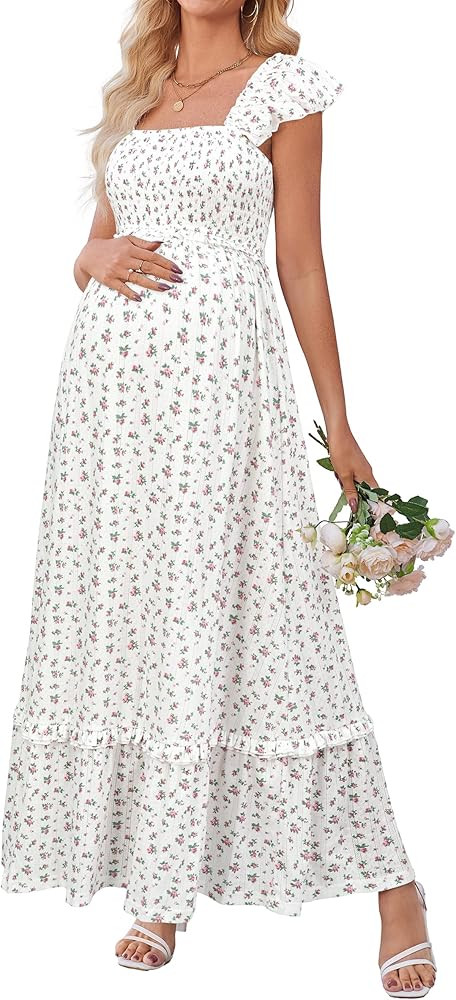 OUGES Womens 2025 Summer Maternity Photoshoot Dress Boho Maxi Smocked Baby Shower Dress Ruffle Sl... | Amazon (US)