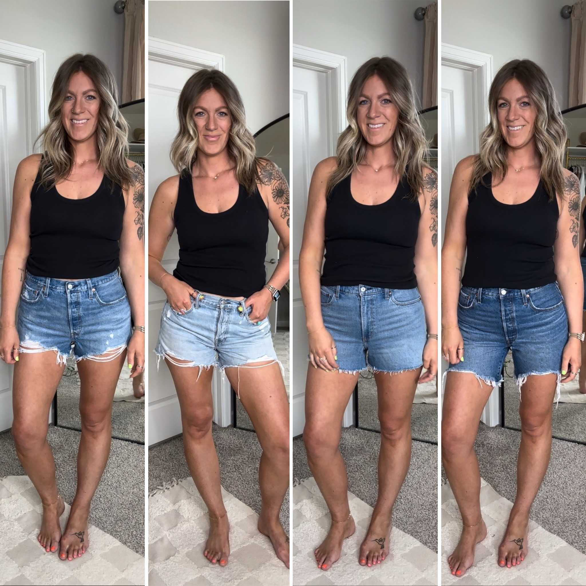 Denim shorts
Mom short - 10/30 (also comes in 4 inch)
Classic short - 10/30
90s cut off - 10/30
501 mid thigh - sized up 31


#LTKStyleTip #LTKMidsize