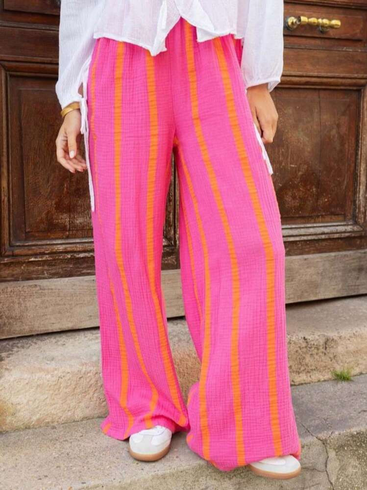 Women's Polyester Striped Pants With Pocket And Fake Drawstring, Suitable For Daily Wear, Holidays, Evenings, Parties, Birthdays, Back To School, Travel, Country Music Concerts, Sports & Fitness, Spring/Summer | SHEIN