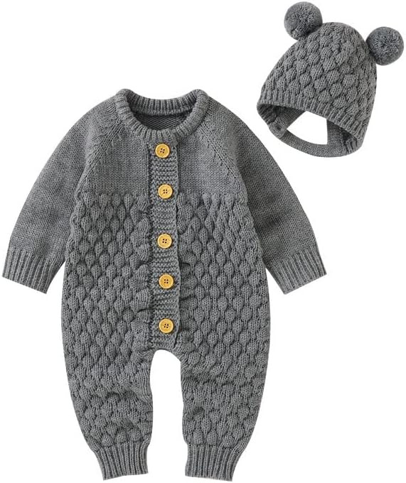 LAWKUL Baby Outfit Cotton Knit Newborn Infant Romper Knitted Longsleeve Sweater Clothes With Warm... | Amazon (US)