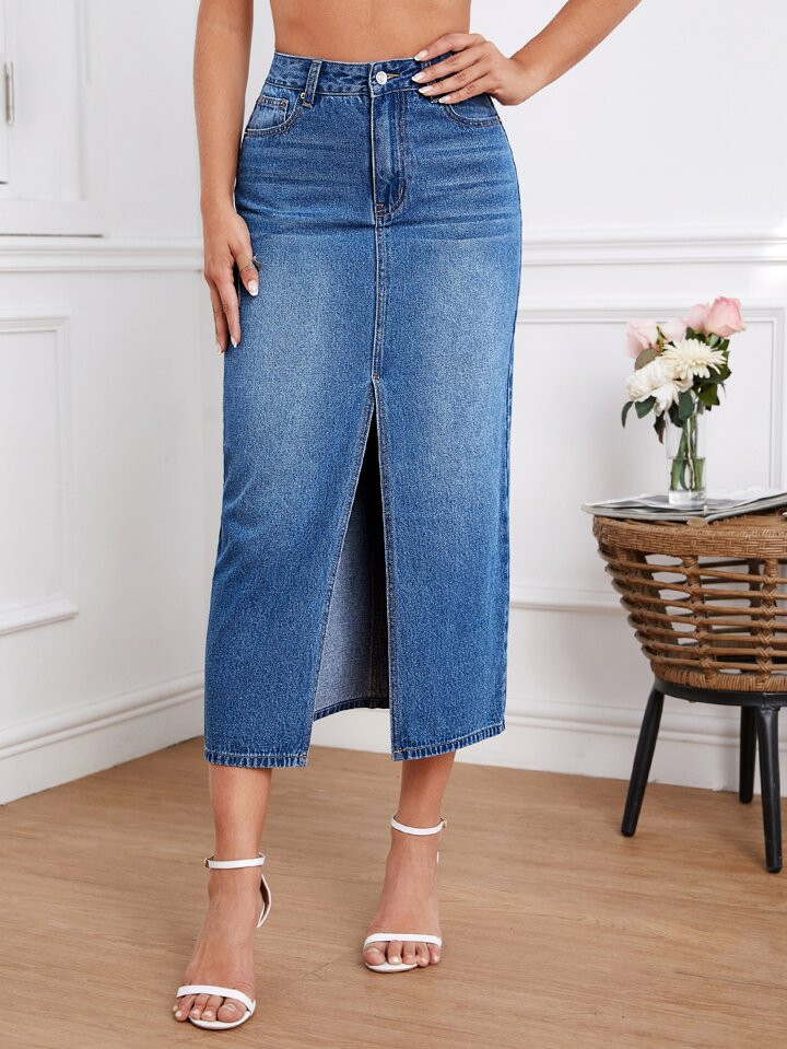 SHEIN Essnce High Waist Slant Pocket Split Thigh Denim Skirt | SHEIN