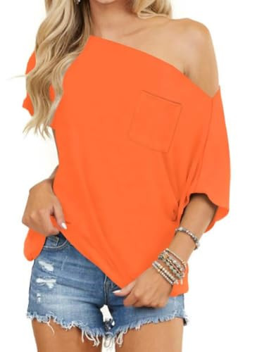 LEEDYA Women's Off Shoulder Tops Color Block Short Sleeve Loose Batwing Shirts Oversized Blouse Tunic 2025 Orange M | Amazon (US)