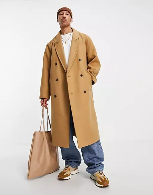 ASOS DESIGN oversized longline wool mix overcoat in camel | ASOS (Global)