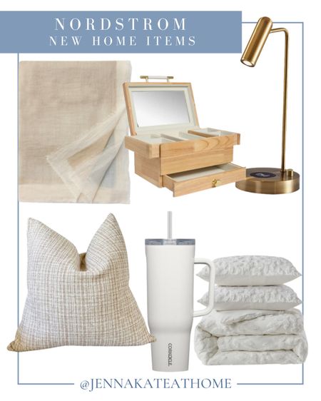 Nordstrom new home items, including wooden jewelry box, decorative pillow, Corkcicle water bottle, white, comforter and pillow set, linen throw blankets, lamp with charging station. Coastal style home decor.

#LTKFamily #LTKHome