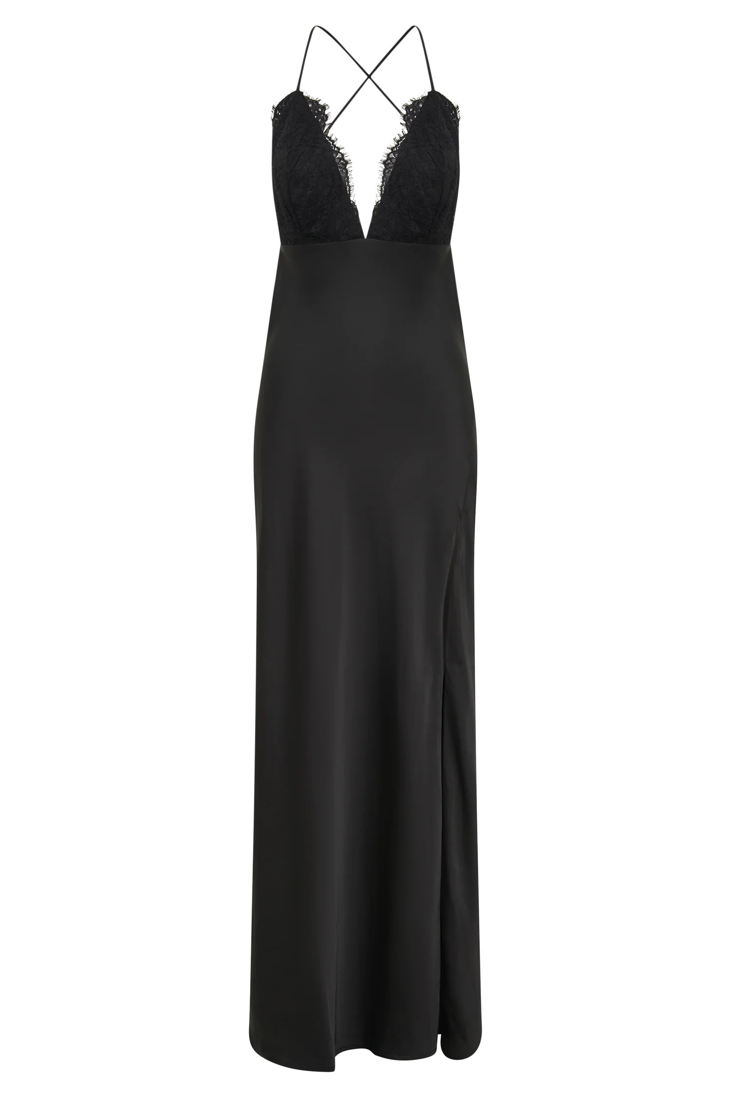 Gina Satin Slip Maxi Dress With Lace - Black | MESHKI US