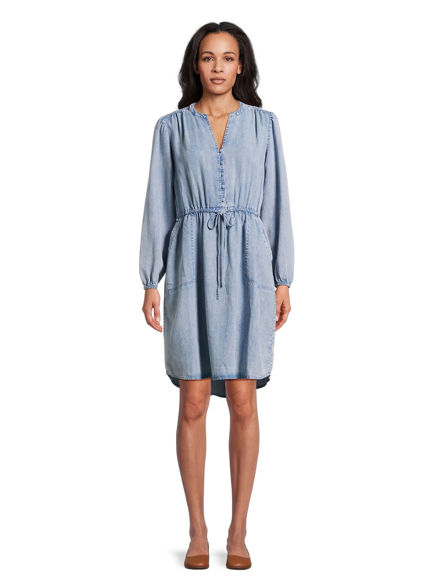 Time and Tru Women's Button Front Drawstring Waist Dress with Long Sleeves, Sizes XS-3XL - Walmar... | Walmart (US)