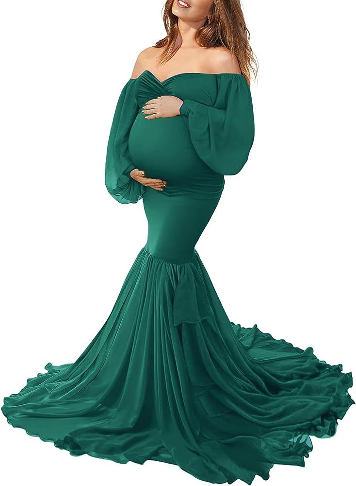 Saslax Maternity Dress for Photoshoot Off Shoulder Chiffon Long Sleeves and Tiered Mermaid Skirt ... | Amazon (US)