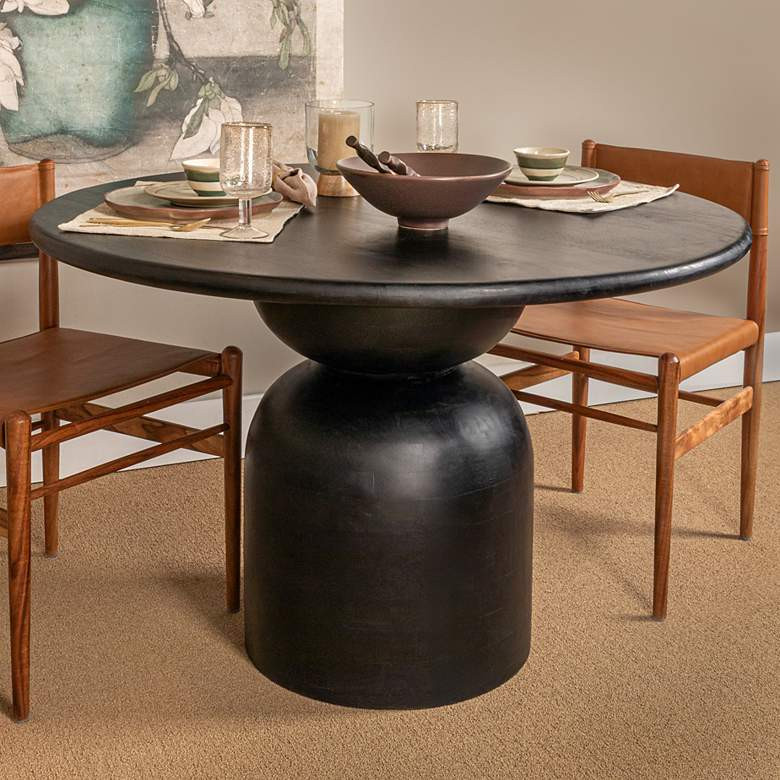Round Mango Wood Dining Table with Stacked End Grain Base and Black Finish - #6433N | Lamps Plus | Lamps Plus