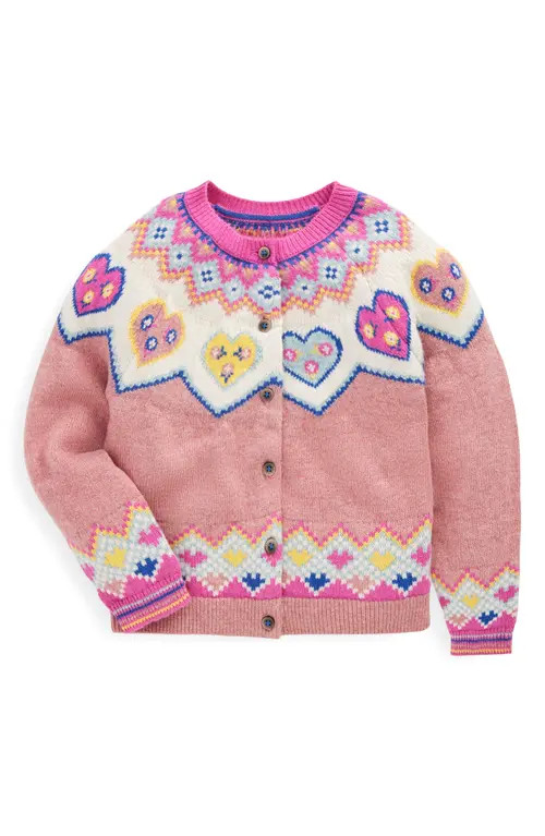 Mini Boden Kids' Edie Fair Isle Cardigan in Pink Hearts at Nordstrom, Size 7-8Y | Nordstrom