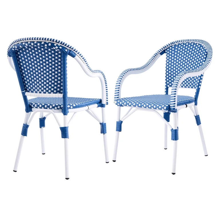 Christopher Knight Home French Cafe Wicker Outdoor Dining Chairs, Aluminum Frame, White+Blue, Set... | Walmart (US)