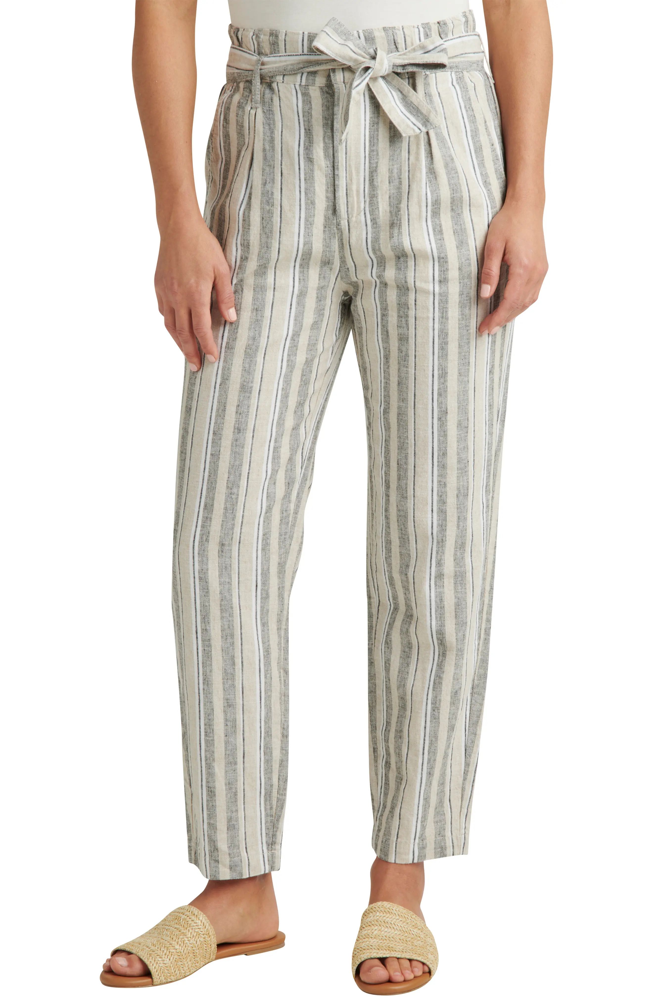 Jag Jeans Belted High Waist Linen Blend Tapered Pants in Linen Stripe at Nordstrom, Size 16 | Nordstrom